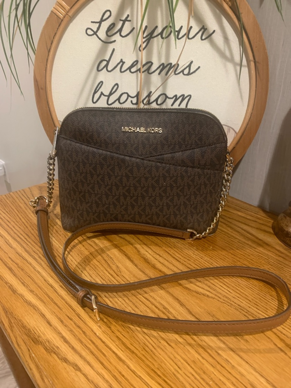 Michael Kors Brown MK Signature Crossbody with Gold Chain
